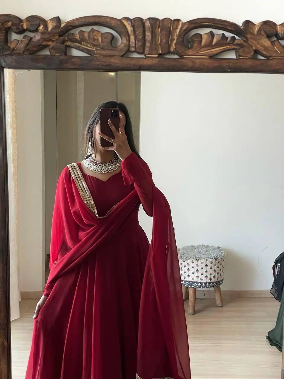 FB L226 Red Faux Georgette Gown Perfect for Wedding, Party, Makar Sankranti, Karwa Chauth, Ethnic Day – . Now at just ₹1799. Delivery 4-6 Working D | Bollywood Gowns, Creative Gowns, Designer Gowns, Embroidered Gowns, Gowns, Party Wear Gowns