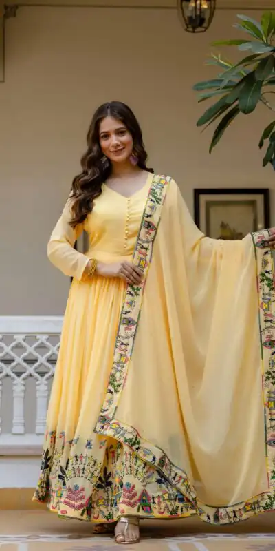 RR 41 Yellow Faux Georgette Gown Perfect for Wedding, Party, Makar Sankranti, Karwa Chauth, Ethnic Day – . Now at just ₹2599. Delivery 4-6 Working D | Bollywood Gowns, Creative Gowns, Designer Gowns, Embroidered Gowns, Gowns, Party Wear Gowns