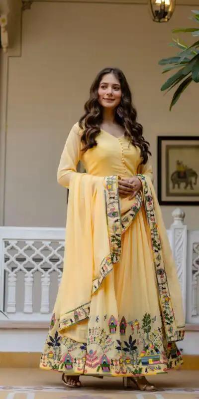 RR 41 Yellow Faux Georgette Gown Perfect for Wedding, Party, Makar Sankranti, Karwa Chauth, Ethnic Day – . Now at just ₹2599. Delivery 4-6 Working D | Bollywood Gowns, Creative Gowns, Designer Gowns, Embroidered Gowns, Gowns, Party Wear Gowns