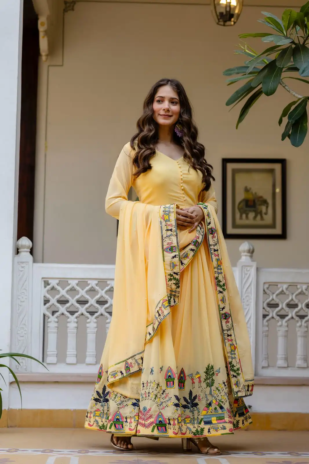 RR 41 Yellow Faux Georgette Gown Perfect for Wedding, Party, Makar Sankranti, Karwa Chauth, Ethnic Day – . Now at just ₹2599. Delivery 4-6 Working D | Bollywood Gowns, Creative Gowns, Designer Gowns, Embroidered Gowns, Gowns, Party Wear Gowns