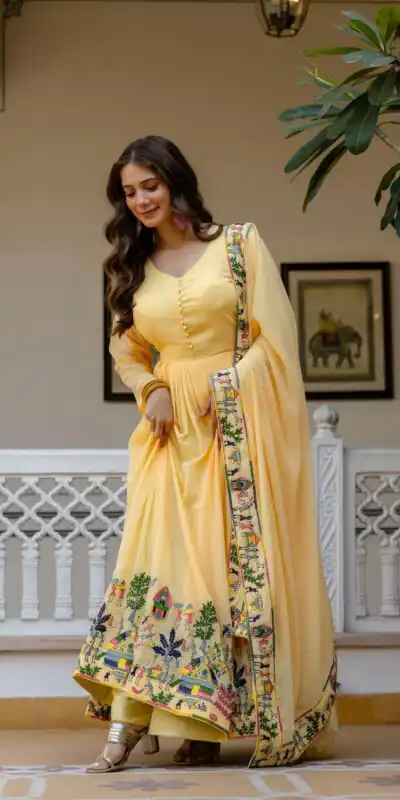 RR 41 Yellow Faux Georgette Gown Perfect for Wedding, Party, Makar Sankranti, Karwa Chauth, Ethnic Day – . Now at just ₹2599. Delivery 4-6 Working D | Bollywood Gowns, Creative Gowns, Designer Gowns, Embroidered Gowns, Gowns, Party Wear Gowns