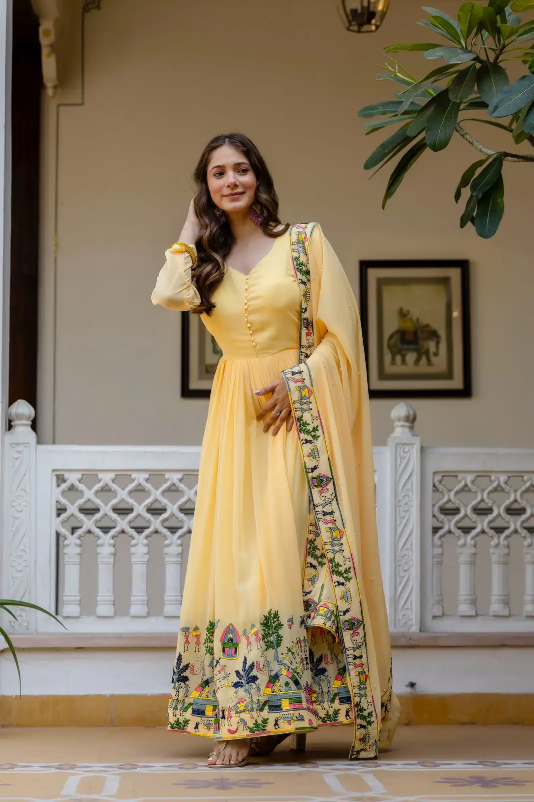 RR 41 Yellow Faux Georgette Gown Perfect for Wedding, Party, Makar Sankranti, Karwa Chauth, Ethnic Day – . Now at just ₹2599. Delivery 4-6 Working D | Bollywood Gowns, Creative Gowns, Designer Gowns, Embroidered Gowns, Gowns, Party Wear Gowns
