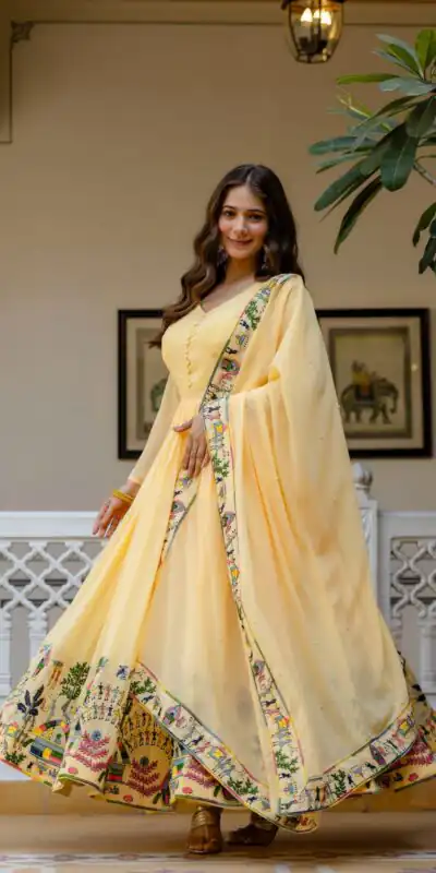 RR 41 Yellow Faux Georgette Gown Perfect for Wedding, Party, Makar Sankranti, Karwa Chauth, Ethnic Day – . Now at just ₹2599. Delivery 4-6 Working D | Bollywood Gowns, Creative Gowns, Designer Gowns, Embroidered Gowns, Gowns, Party Wear Gowns
