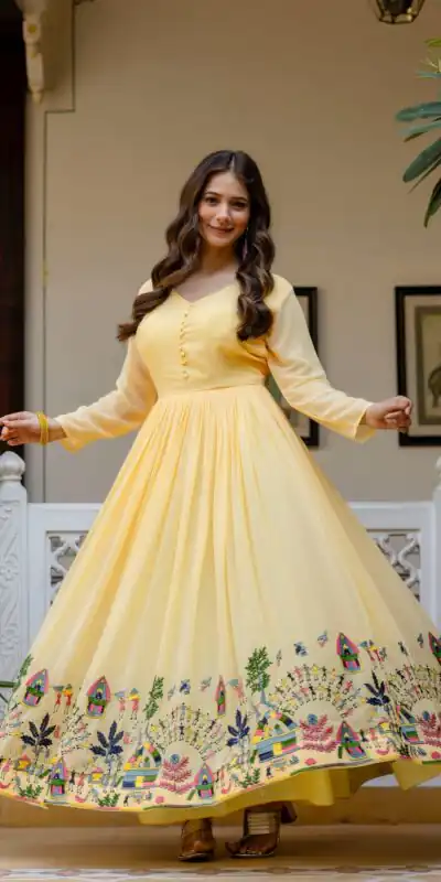 RR 41 Yellow Faux Georgette Gown Perfect for Wedding, Party, Makar Sankranti, Karwa Chauth, Ethnic Day – . Now at just ₹2599. Delivery 4-6 Working D | Bollywood Gowns, Creative Gowns, Designer Gowns, Embroidered Gowns, Gowns, Party Wear Gowns