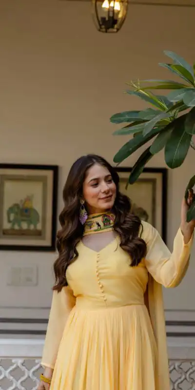 RR 41 Yellow Faux Georgette Gown Perfect for Wedding, Party, Makar Sankranti, Karwa Chauth, Ethnic Day – . Now at just ₹2599. Delivery 4-6 Working D | Bollywood Gowns, Creative Gowns, Designer Gowns, Embroidered Gowns, Gowns, Party Wear Gowns