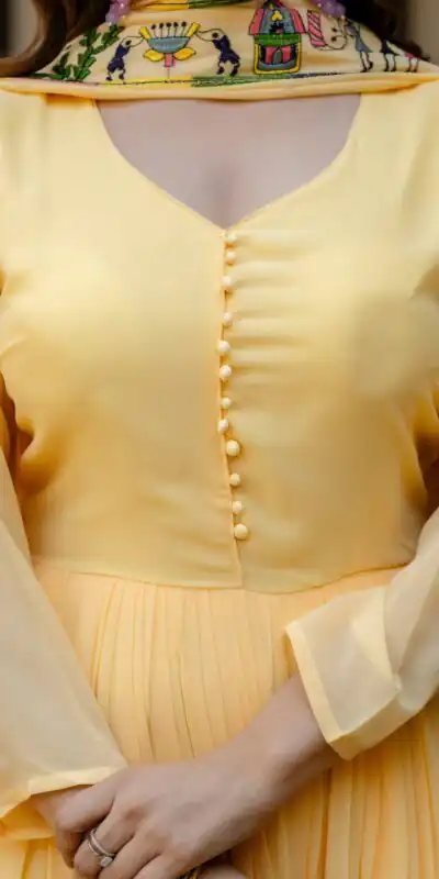 RR 41 Yellow Faux Georgette Gown Perfect for Wedding, Party, Makar Sankranti, Karwa Chauth, Ethnic Day – . Now at just ₹2599. Delivery 4-6 Working D | Bollywood Gowns, Creative Gowns, Designer Gowns, Embroidered Gowns, Gowns, Party Wear Gowns