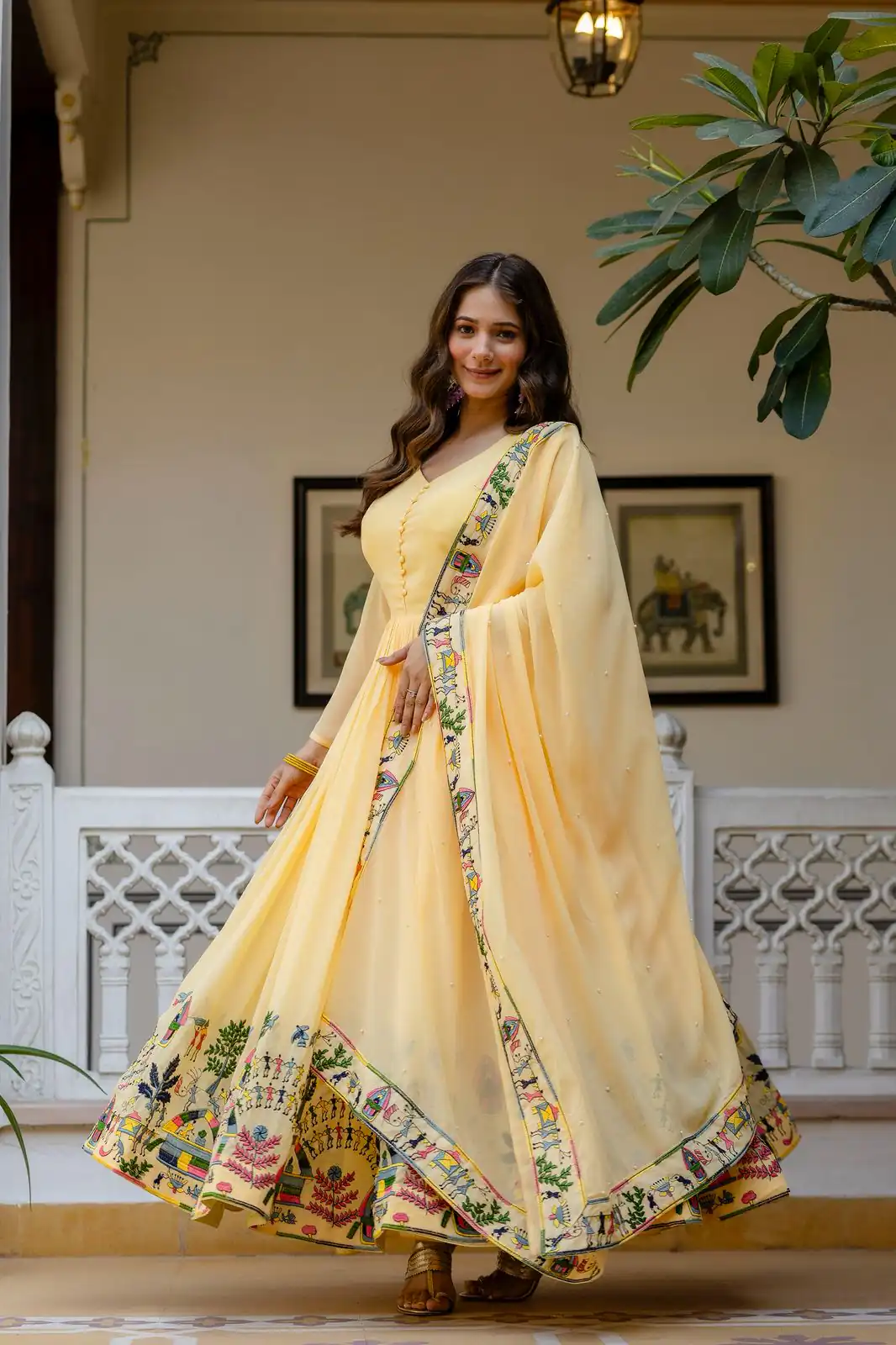 RR 41 Yellow Faux Georgette Gown Perfect for Wedding, Party, Makar Sankranti, Karwa Chauth, Ethnic Day – . Now at just ₹2599. Delivery 4-6 Working D | Bollywood Gowns, Creative Gowns, Designer Gowns, Embroidered Gowns, Gowns, Party Wear Gowns
