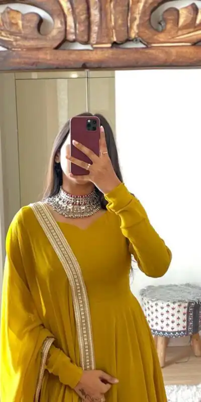 FB L226 Yellow Faux Georgette Gown Perfect for Wedding, Party, Makar Sankranti, Karwa Chauth, Ethnic Day – . Now at just ₹1799. Delivery 4-6 Working D | Bollywood Gowns, Creative Gowns, Designer Gowns, Embroidered Gowns, Gowns, Party Wear Gowns