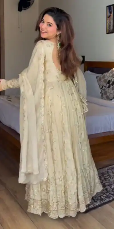 WW 1253 Cream Color Chinon Silk Sequence Lace Work Gown. Online Affordable Price ₹2549. Delivery 4-6 Working Days. Shop now. | Bollywood Gowns, Creative Gowns, Designer Gowns, Embroidered Gowns, Gowns, Party Wear Gowns