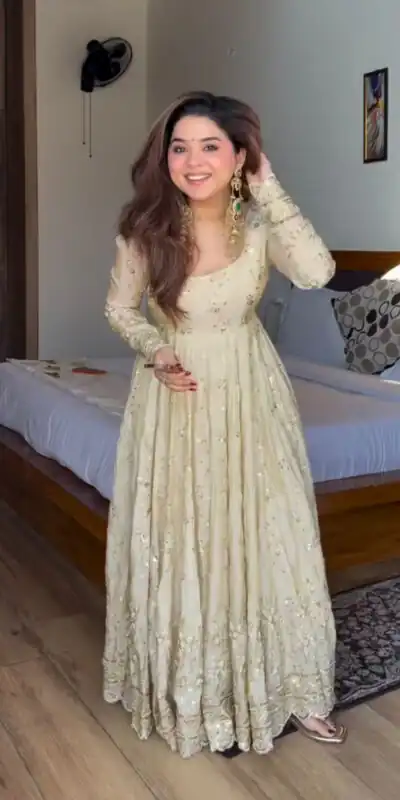 WW 1253 Cream Color Chinon Silk Sequence Lace Work Gown. Online Affordable Price ₹2549. Delivery 4-6 Working Days. Shop now. | Bollywood Gowns, Creative Gowns, Designer Gowns, Embroidered Gowns, Gowns, Party Wear Gowns