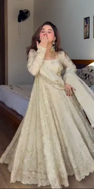 WW 1253 Cream Color Chinon Silk Sequence Lace Work Gown. Online Affordable Price ₹2549. Delivery 4-6 Working Days. Shop now. | Bollywood Gowns, Creative Gowns, Designer Gowns, Embroidered Gowns, Gowns, Party Wear Gowns