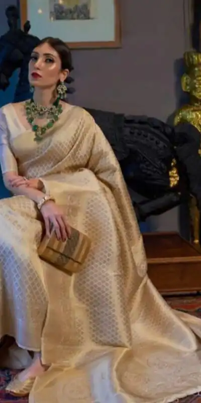 KPR 073 Off White Soft Lichi Silk Saree Perfect for Wedding, Party, Reception, Diwali, Ethnic Day – . Affordable Price ₹1299. Delivery 4-6 Working Days. | Bollywood Sarees, Creative Sarees, Designer Sarees, Embroidered Sarees, Ethnic Saree, Modern Digital sarees, Party Wear Sarees, Sarees