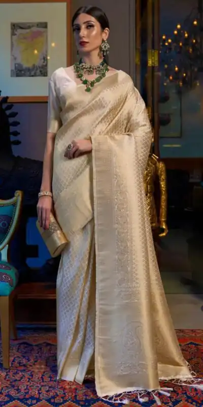 KPR 073 Off White Soft Lichi Silk Saree Perfect for Wedding, Party, Reception, Diwali, Ethnic Day – . Affordable Price ₹1299. Delivery 4-6 Working Days. | Bollywood Sarees, Creative Sarees, Designer Sarees, Embroidered Sarees, Ethnic Saree, Modern Digital sarees, Party Wear Sarees, Sarees