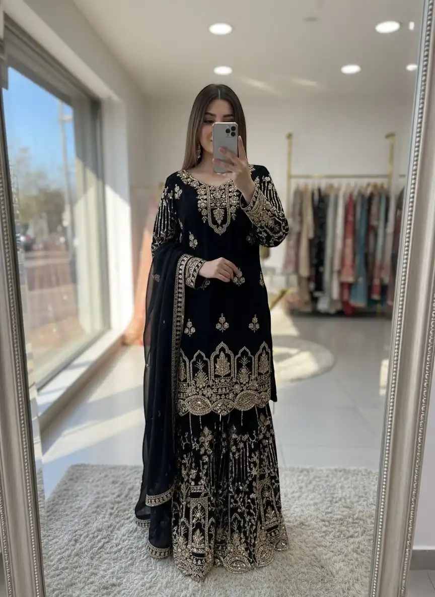 WW 1250 Black Faux Georgette With 5 mm Sequence Work Salwar Suit Wedding, Party, Festive, Events Etc. Expected Delivery 4-6 Working Days @2399/- | Jump Suits, Straight Suits, Casual Suits, Creative suits, Designer Suits, Palazzo Suits, Party Wear Suits, Patiala Suits, Salwar suit