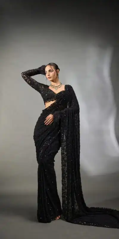 DF 3474 Black Faux Georgette Saree Perfect for Wedding, Party, Bridal Wear, Baisakhi, Raksha Bandhan –. Introductory Price ₹1799. Delivery 4-6 Workin | Bollywood Sarees, Creative Sarees, Designer Sarees, Embroidered Sarees, Ethnic Saree, Modern Digital sarees, Party Wear Sarees, Sarees