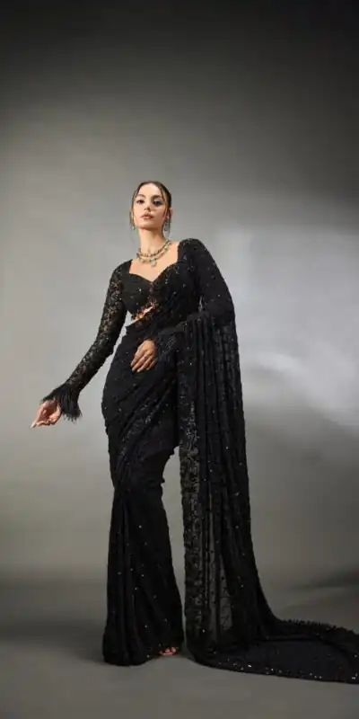 DF 3474 Black Faux Georgette Saree Perfect for Wedding, Party, Bridal Wear, Baisakhi, Raksha Bandhan –. Introductory Price ₹1799. Delivery 4-6 Workin | Bollywood Sarees, Creative Sarees, Designer Sarees, Embroidered Sarees, Ethnic Saree, Modern Digital sarees, Party Wear Sarees, Sarees