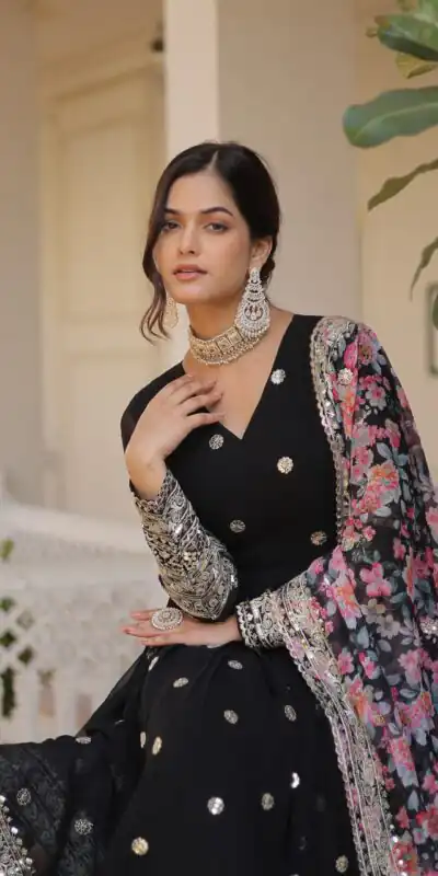 KA 1078 Black Faux Georgette Gown Perfect for Wedding, Party, Makar Sankranti, Karwa Chauth, Ethnic Day – . Now at just ₹3349. Delivery 4-6 Working D | Bollywood Gowns, Creative Gowns, Designer Gowns, Embroidered Gowns, Gowns, Party Wear Gowns