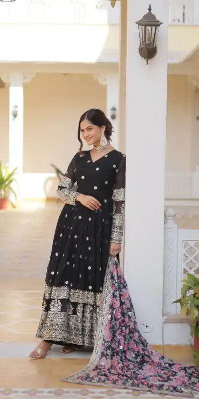 KA 1078 Black Faux Georgette Gown Perfect for Wedding, Party, Makar Sankranti, Karwa Chauth, Ethnic Day – . Now at just ₹3349. Delivery 4-6 Working D | Bollywood Gowns, Creative Gowns, Designer Gowns, Embroidered Gowns, Gowns, Party Wear Gowns