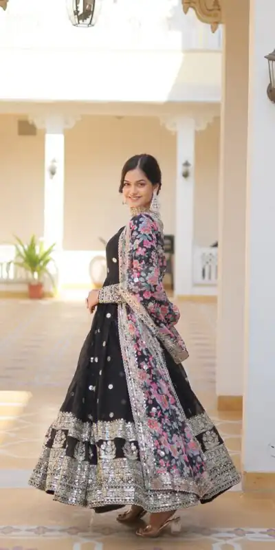 KA 1078 Black Faux Georgette Gown Perfect for Wedding, Party, Makar Sankranti, Karwa Chauth, Ethnic Day – . Now at just ₹3349. Delivery 4-6 Working D | Bollywood Gowns, Creative Gowns, Designer Gowns, Embroidered Gowns, Gowns, Party Wear Gowns