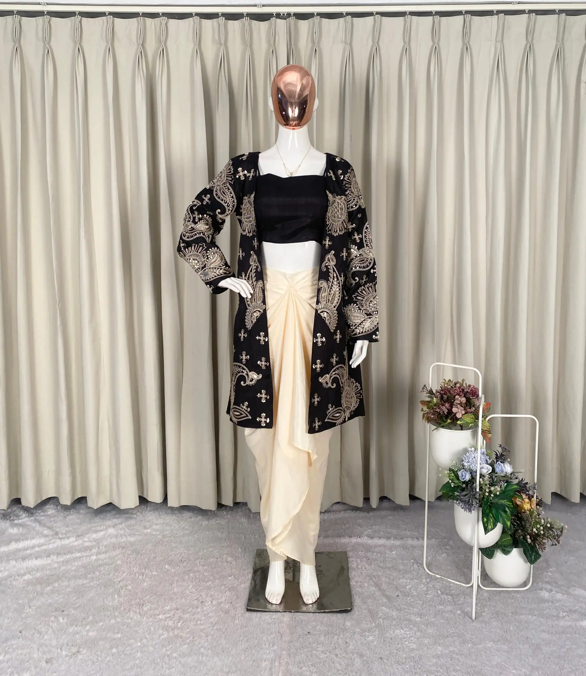 BE 450 Black French Crape Dhoti SuitPerfect for Wedding, Party, Makar Sankranti, Pongal, Anniversary – . Exclusive Offer ₹1999. Delivery 4-6 Working Da | Jump Suits, Straight Suits, Casual Suits, Creative suits, Designer Suits, Palazzo Suits, Party Wear Suits, Patiala Suits, Salwar suit