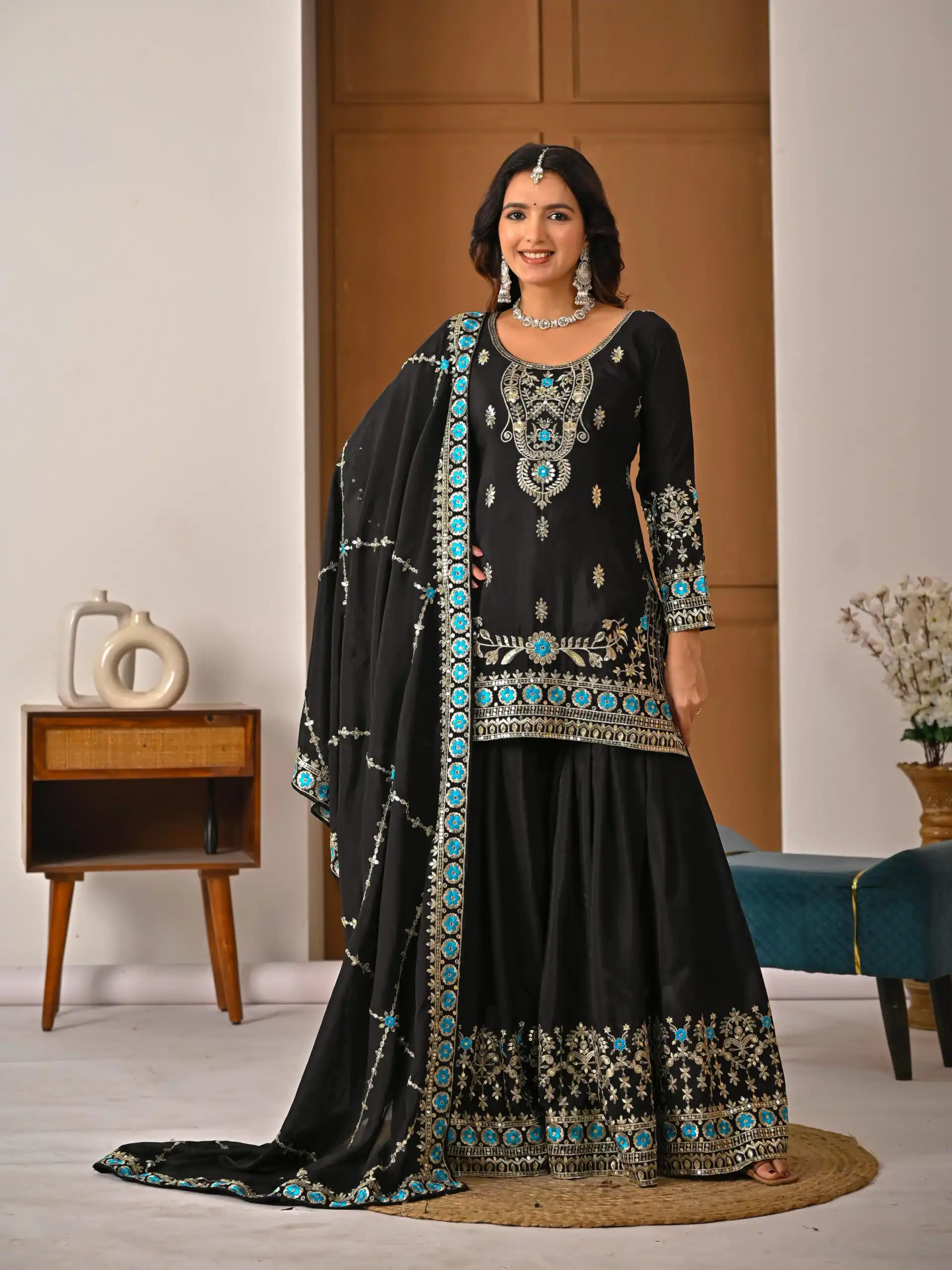Black NC Vichitra Silk Embroidery Work Salwar Suit - Image 3