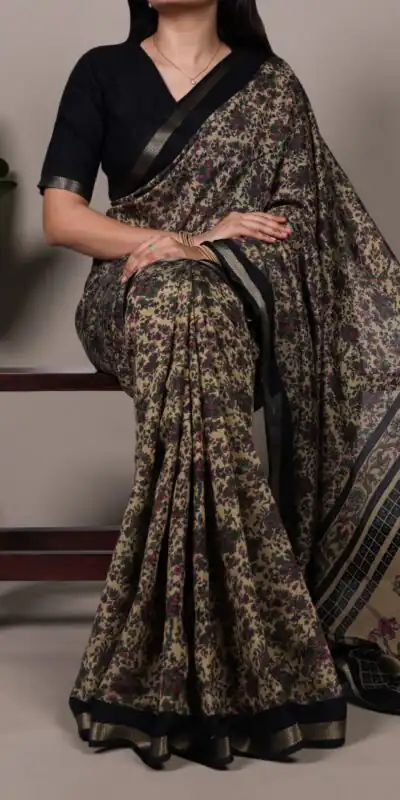 Black Polyester Viscose Chanderi Zari Work Saree