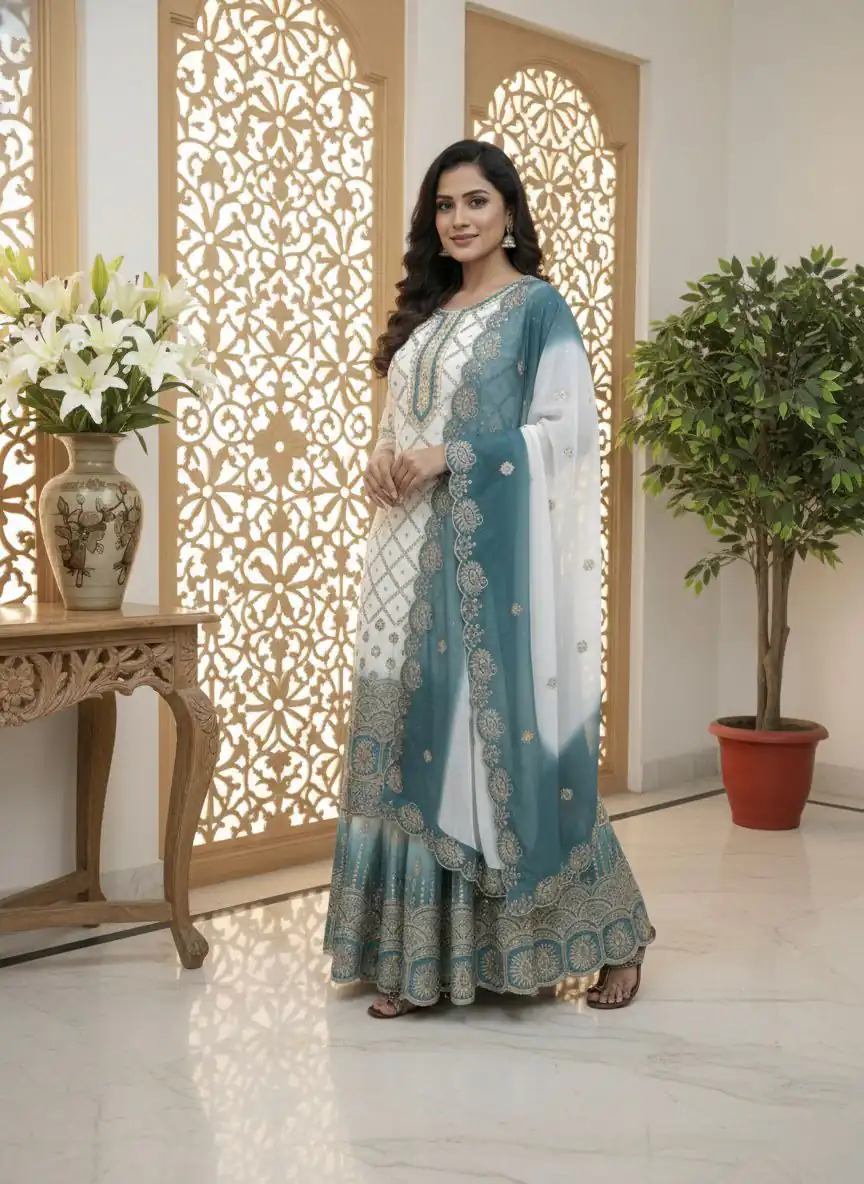 AD 223 Blue Dual Tone Star Georgette Salwar Suit with Embroidery Work. Get it for ₹2399. Delivery 4-6 Working Days. Shop now. | Jump Suits, Straight Suits, Casual Suits, Creative suits, Designer Suits, Palazzo Suits, Party Wear Suits, Patiala Suits, Salwar suit