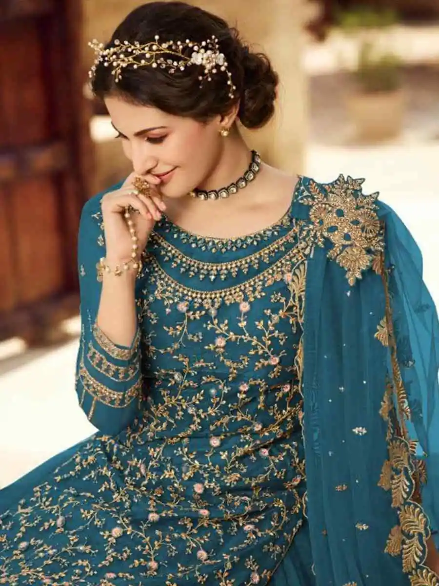Blue Soft Net With Embroidery Work Salwar Suit - Image 4