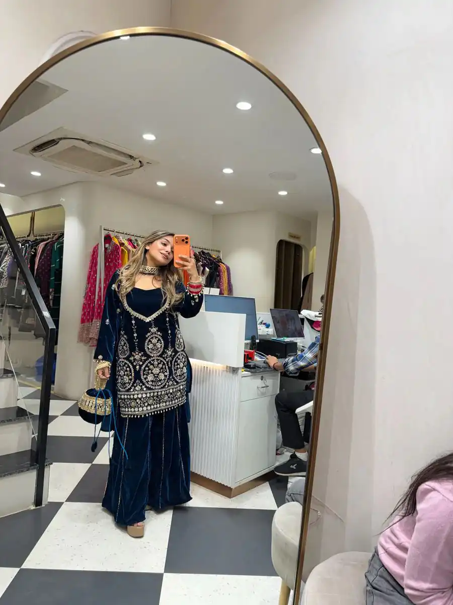 Blue Velvet Embroidery Mirror Work Salwar Suit