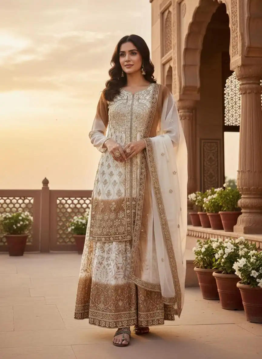 AD 224 Brown Color Dual Tone Star Georgette Salwar Suit with Embroidery Work. Affordable Price ₹2399. Delivery 4-6 Working Days. Shop now. | Jump Suits, Straight Suits, Casual Suits, Creative suits, Designer Suits, Palazzo Suits, Party Wear Suits, Patiala Suits, Salwar suit