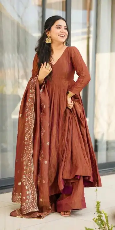 SSR 5006 Brown Fandy Silk Gown Perfect for Wedding, Party, Pongal, Traditional Day, Baby Shower – . Get it for ₹1999. Delivery 4-6 Working Days. Shop | Bollywood Gowns, Creative Gowns, Designer Gowns, Embroidered Gowns, Gowns, Party Wear Gowns