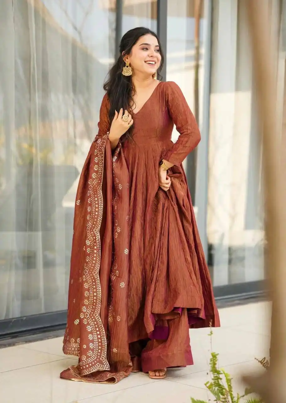 Brown Fandy Silk Embroidery Work Gown
