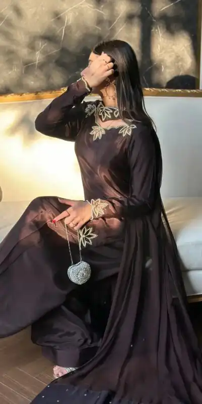 NF 1270 Brown Natural Crep Salwar Suit Brown with Embroidery Work. Exclusive Offer ₹1899. Delivery 4-6 Working Days. Shop now. | Jump Suits, Straight Suits, Casual Suits, Creative suits, Designer Suits, Palazzo Suits, Party Wear Suits, Patiala Suits, Salwar suit