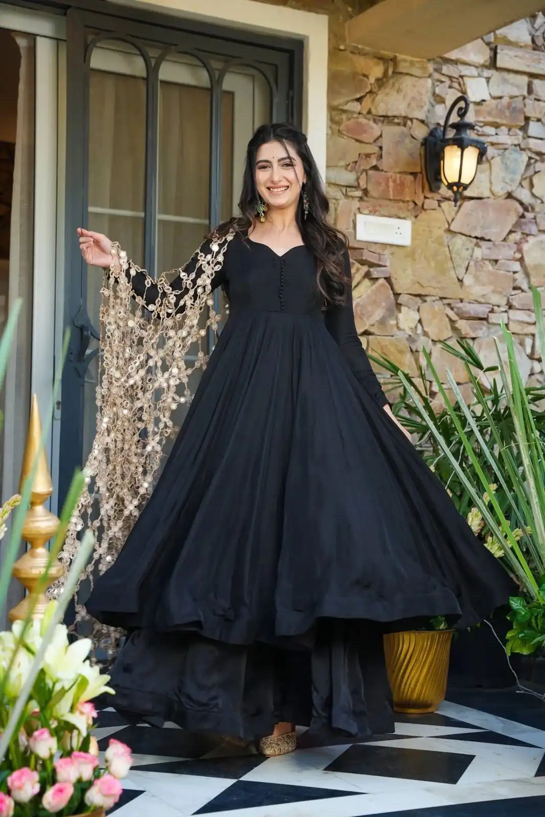 JF 036 Black Color Classic Roman Silk Gown with Embroidery Work. Available at ₹2599 only. Delivery 4-6 Working Days. Shop now. | Bollywood Gowns, Creative Gowns, Designer Gowns, Embroidered Gowns, Gowns, Party Wear Gowns