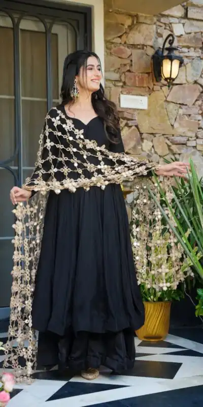 JF 036 Black Color Classic Roman Silk Gown with Embroidery Work. Available at ₹2599 only. Delivery 4-6 Working Days. Shop now. | Bollywood Gowns, Creative Gowns, Designer Gowns, Embroidered Gowns, Gowns, Party Wear Gowns