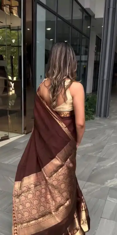 KP 6051 Brown Soft Lichi Silk Saree Perfect for Wedding, Party, Reception, Diwali, Ethnic Day – . Affordable Price ₹1349. Delivery 4-6 Working Days. | Bollywood Sarees, Creative Sarees, Designer Sarees, Embroidered Sarees, Ethnic Saree, Modern Digital sarees, Party Wear Sarees, Sarees