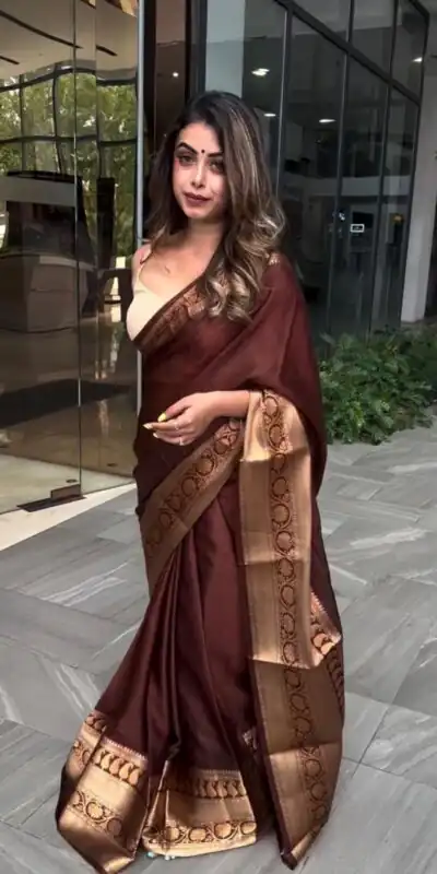 KP 6051 Brown Soft Lichi Silk Saree Perfect for Wedding, Party, Reception, Diwali, Ethnic Day – . Affordable Price ₹1349. Delivery 4-6 Working Days. | Bollywood Sarees, Creative Sarees, Designer Sarees, Embroidered Sarees, Ethnic Saree, Modern Digital sarees, Party Wear Sarees, Sarees