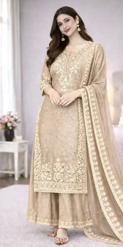 SSR 535 Chiku Color in Organza Silk Embroidery Work Salwar Suit . Available at ₹2399 only. Delivery 4-6 Working Days. Shop now. | Jump Suits, Straight Suits, Casual Suits, Creative suits, Designer Suits, Palazzo Suits, Party Wear Suits, Patiala Suits, Salwar suit