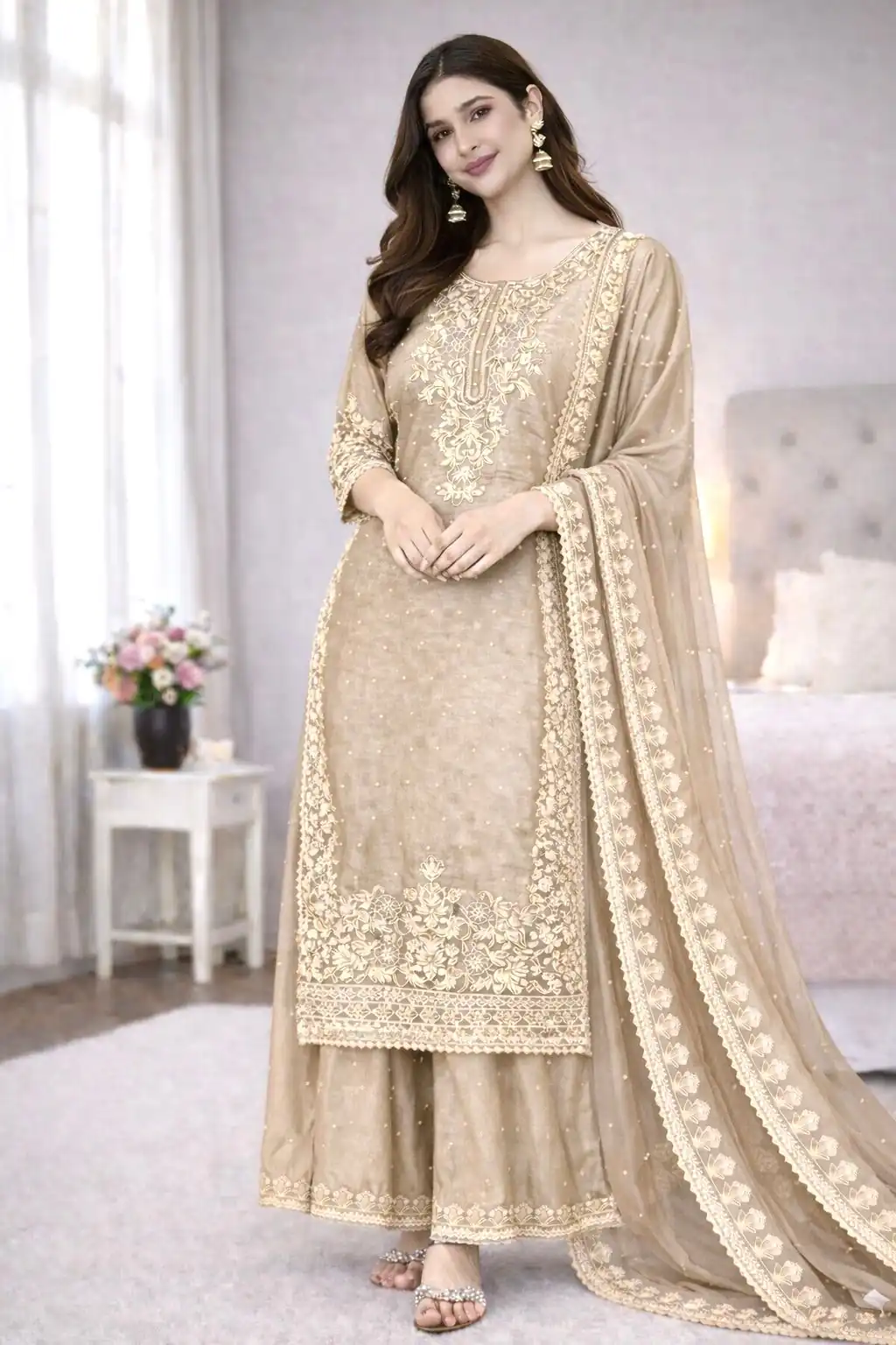 SSR 535 Chiku Color in Organza Silk Embroidery Work Salwar Suit . Available at ₹2399 only. Delivery 4-6 Working Days. Shop now. | Jump Suits, Straight Suits, Casual Suits, Creative suits, Designer Suits, Palazzo Suits, Party Wear Suits, Patiala Suits, Salwar suit