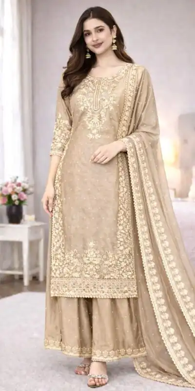 SSR 535 Chiku Color in Organza Silk Embroidery Work Salwar Suit . Available at ₹2399 only. Delivery 4-6 Working Days. Shop now. | Jump Suits, Straight Suits, Casual Suits, Creative suits, Designer Suits, Palazzo Suits, Party Wear Suits, Patiala Suits, Salwar suit