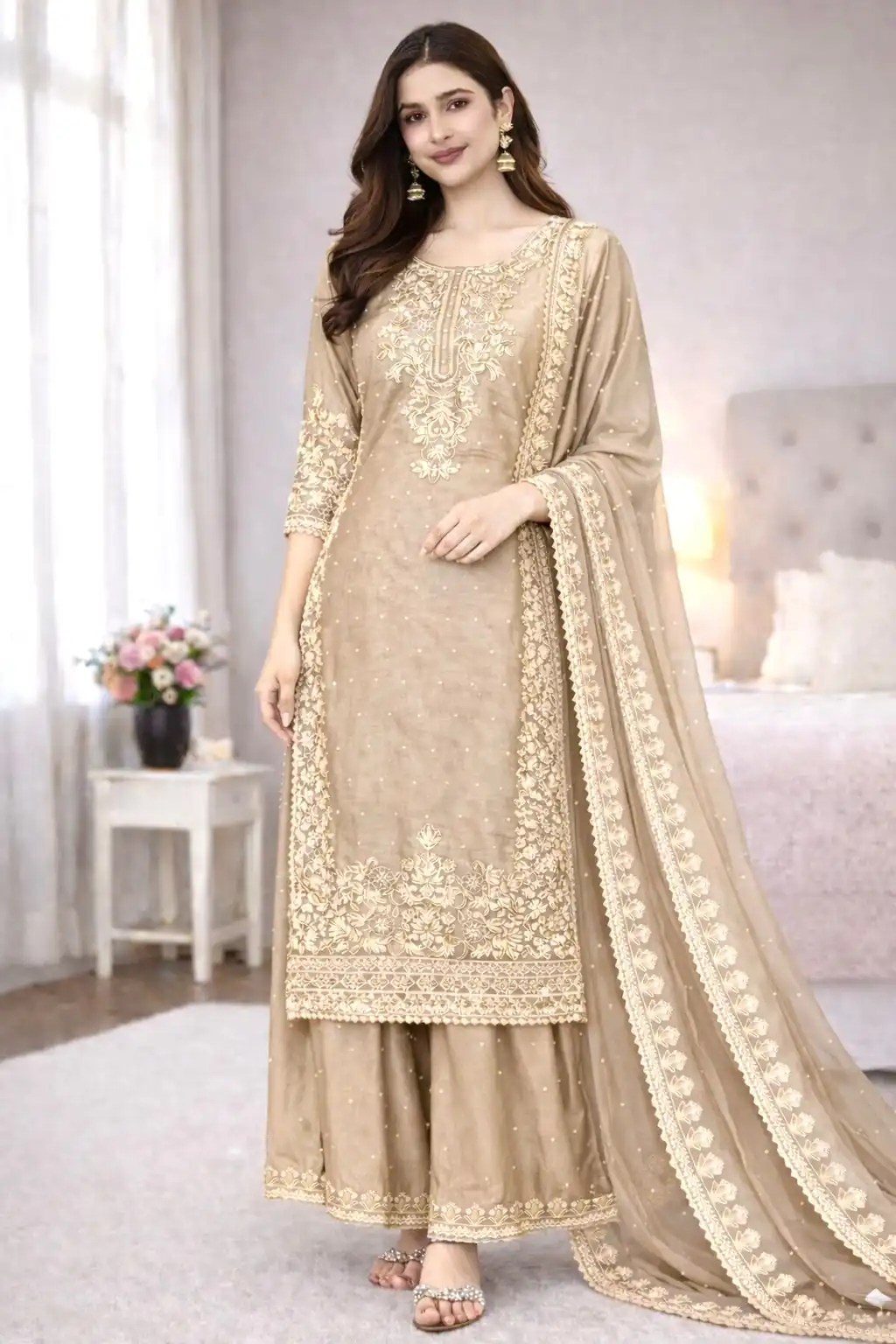 SSR 535 Chiku Color in Organza Silk Embroidery Work Salwar Suit . Available at ₹2399 only. Delivery 4-6 Working Days. Shop now. | Jump Suits, Straight Suits, Casual Suits, Creative suits, Designer Suits, Palazzo Suits, Party Wear Suits, Patiala Suits, Salwar suit