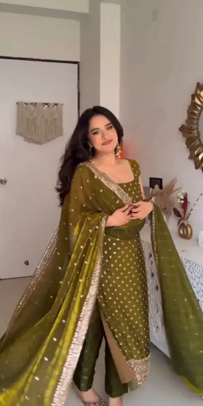 ZSR 3163 Mehendi Mehendi Fendy Silk Salwar Suit with Mirror Work & Embroidery Work. Best Price ₹2099. Delivery 4-6 Working Days. Shop now. | Jump Suits, Straight Suits, Casual Suits, Creative suits, Designer Suits, Palazzo Suits, Party Wear Suits, Patiala Suits, Salwar suit