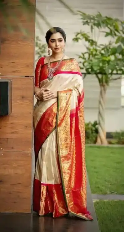 KPR 273 Off White Soft Lichi Silk Saree Perfect for Wedding, Party, Reception, Diwali, Ethnic Day – . Affordable Price ₹1449. Delivery 4-6 Working Days. | Bollywood Sarees, Creative Sarees, Designer Sarees, Embroidered Sarees, Ethnic Saree, Modern Digital sarees, Party Wear Sarees, Sarees