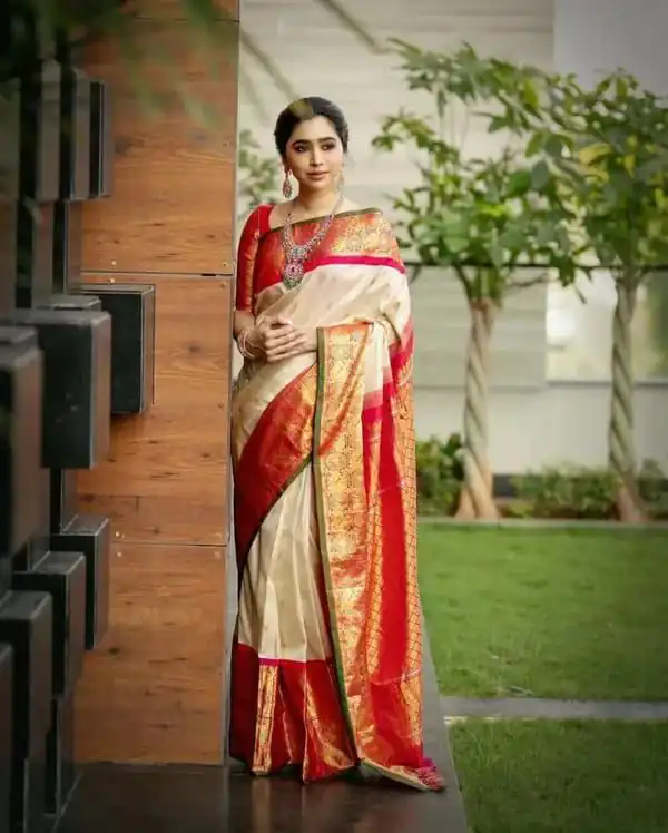 KPR 273 Off White Soft Lichi Silk Saree Perfect for Wedding, Party, Reception, Diwali, Ethnic Day – . Affordable Price ₹1449. Delivery 4-6 Working Days. | Bollywood Sarees, Creative Sarees, Designer Sarees, Embroidered Sarees, Ethnic Saree, Modern Digital sarees, Party Wear Sarees, Sarees