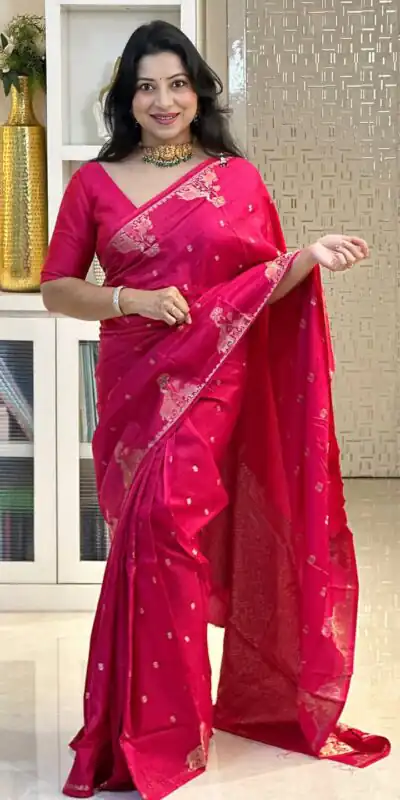 KP 6085 Red Pink Lichi Silk Saree with Lace Border & Lace Work. Special Price ₹1449. Delivery 4-6 Working Days. Shop now. | Bollywood Sarees, Creative Sarees, Designer Sarees, Embroidered Sarees, Ethnic Saree, Modern Digital sarees, Party Wear Sarees, Sarees