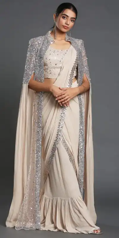 KT 310 Cream Color Georgette Sequence Beautiful Frill Saree Casual, Party Wear, Wedding Expected Delivery 4-6 Working Days@2174/- | Bollywood Sarees, Creative Sarees, Designer Sarees, Embroidered Sarees, Ethnic Saree, Modern Digital sarees, Party Wear Sarees, Sarees