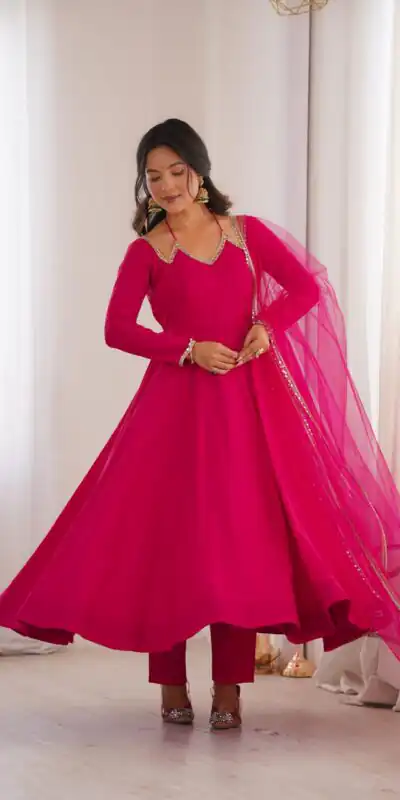 KB 293 Dark Pink Soft Nylon Net Anarkali Suit with Mirror Work & Lace Work. Get it for ₹1999. Delivery 4-6 Working Days. Shop now. | Anarkali Suits, Bollywood Anarkali, Creative-Anarkali, Designer Anarkali, Embroidered Anarkali, Party Wear Anarkali