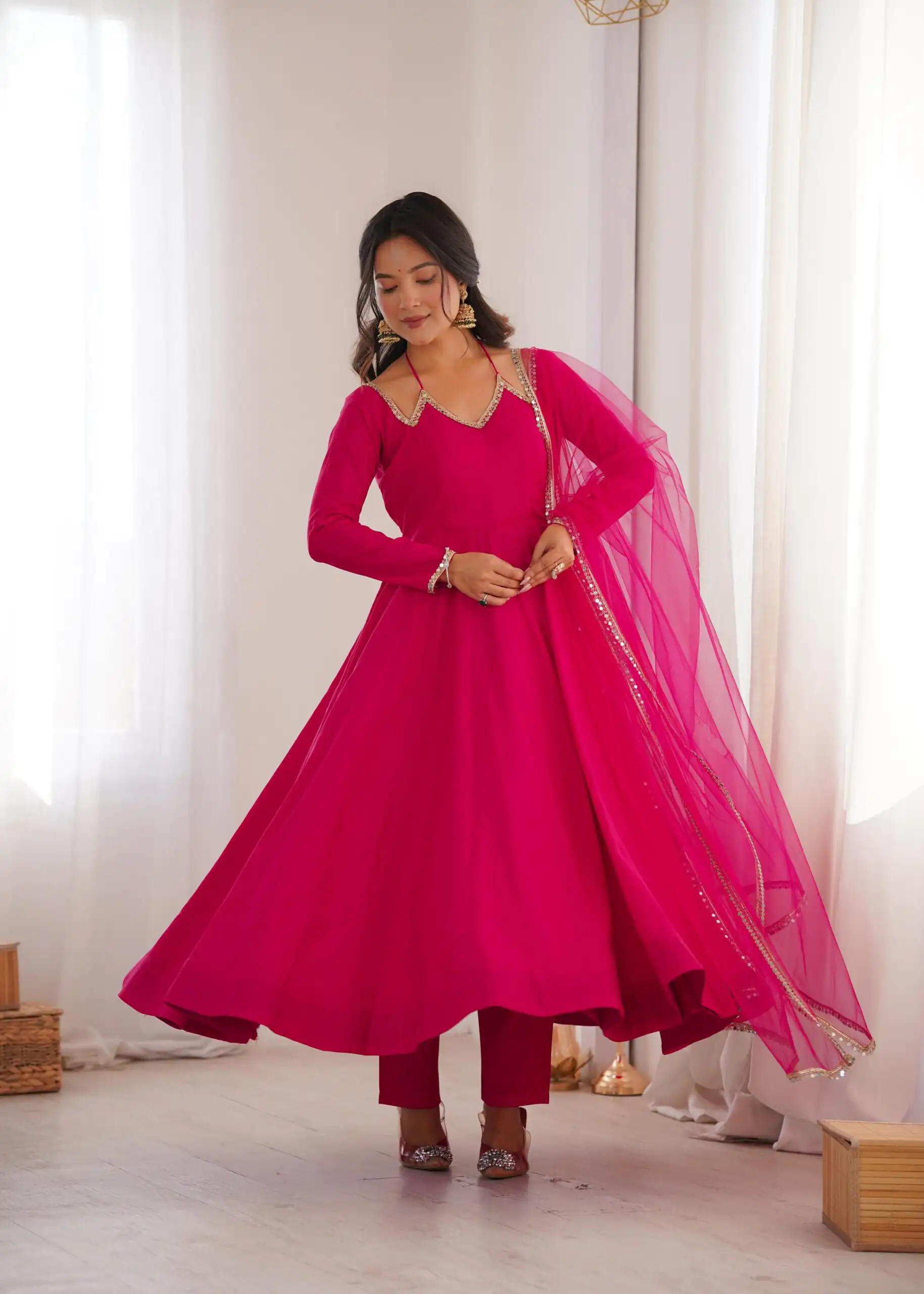 KB 293 Dark Pink Soft Nylon Net Anarkali Suit with Mirror Work & Lace Work. Get it for ₹1999. Delivery 4-6 Working Days. Shop now. | Anarkali Suits, Bollywood Anarkali, Creative-Anarkali, Designer Anarkali, Embroidered Anarkali, Party Wear Anarkali