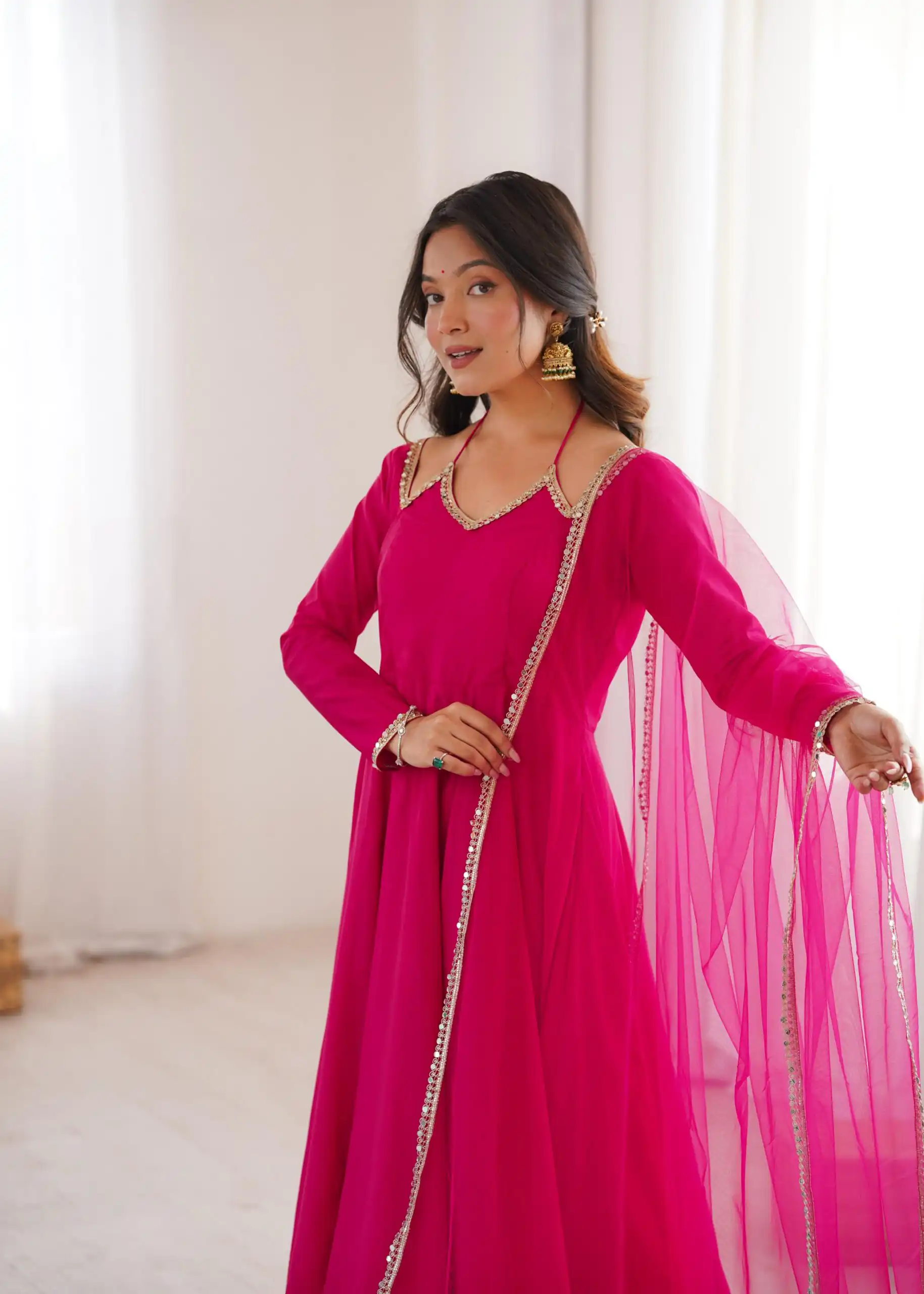 KB 293 Dark Pink Soft Nylon Net Anarkali Suit with Mirror Work & Lace Work. Get it for ₹1999. Delivery 4-6 Working Days. Shop now. | Anarkali Suits, Bollywood Anarkali, Creative-Anarkali, Designer Anarkali, Embroidered Anarkali, Party Wear Anarkali