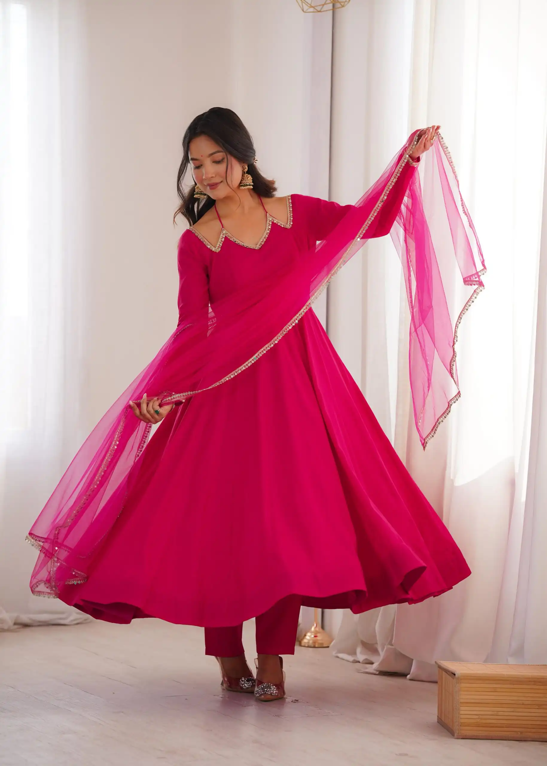 KB 293 Dark Pink Soft Nylon Net Anarkali Suit with Mirror Work & Lace Work. Get it for ₹1999. Delivery 4-6 Working Days. Shop now. | Anarkali Suits, Bollywood Anarkali, Creative-Anarkali, Designer Anarkali, Embroidered Anarkali, Party Wear Anarkali